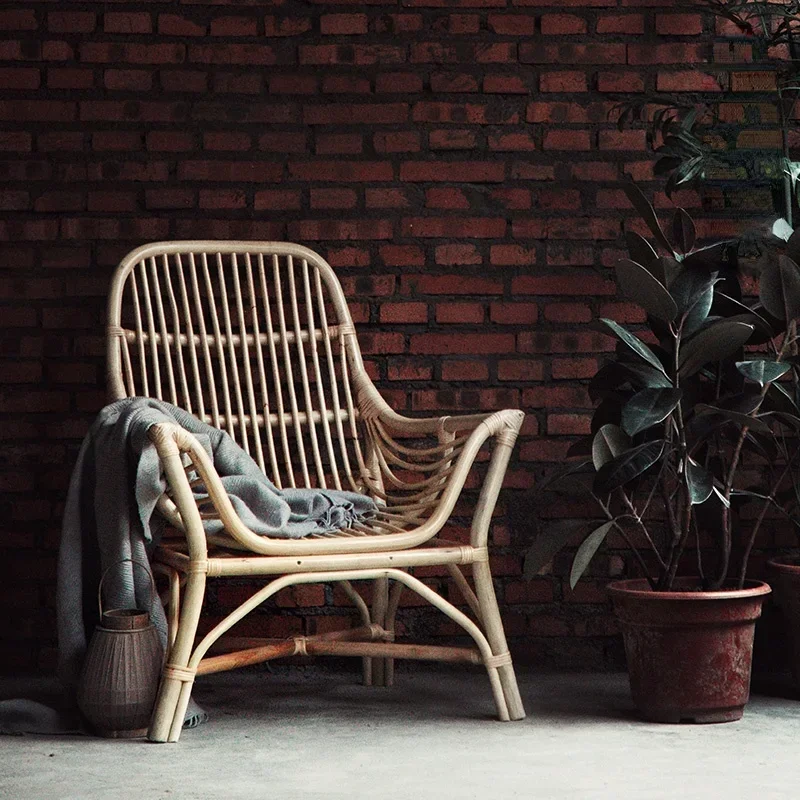 Interior Design Japanese - เก้าอี้หวายธรรมชาติสไตล์นอร์ดิก เก้าอี้เดี่ยวสำหรับพักผ่อนในสวน ระเบียง ห้องนั่งเล่น เก้าอี้ดีไซน์ญี่ปุ่น เก้าอี้นวมสำหรับบ้าน